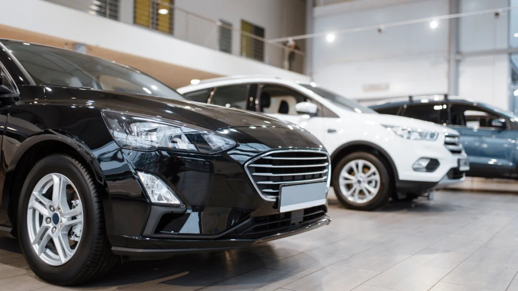 cars in a car dealership