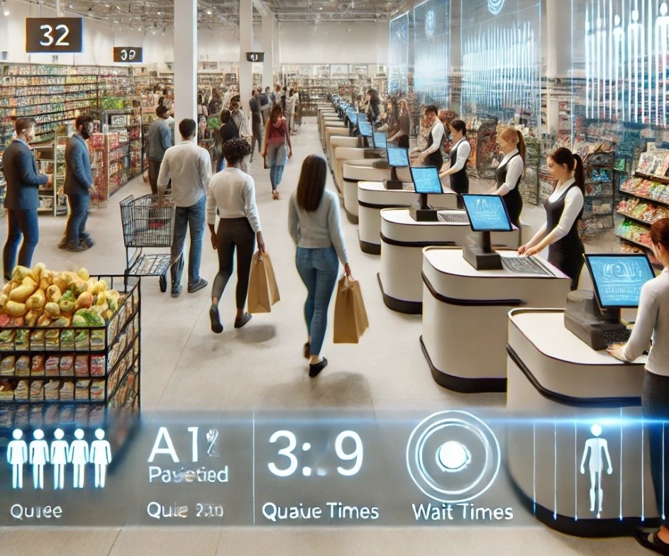 people at a self checkout with graphics on top of it