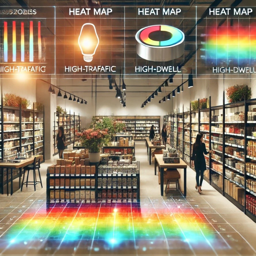 people in store with heat mapping graphics on it