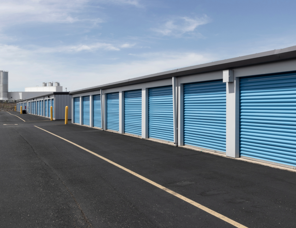 Self storage hallway with all doors closed
