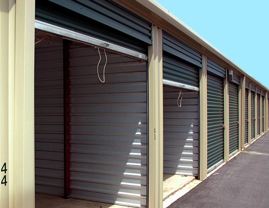 Self storage hallway with open doors